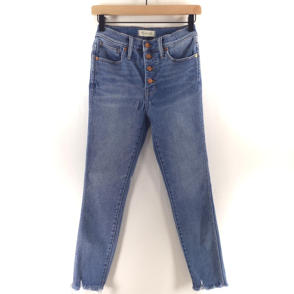 Madewell Womens Jeans 10 High-Rise Skinny Size 26 Blue Button Fly Raw Hem Frayed
